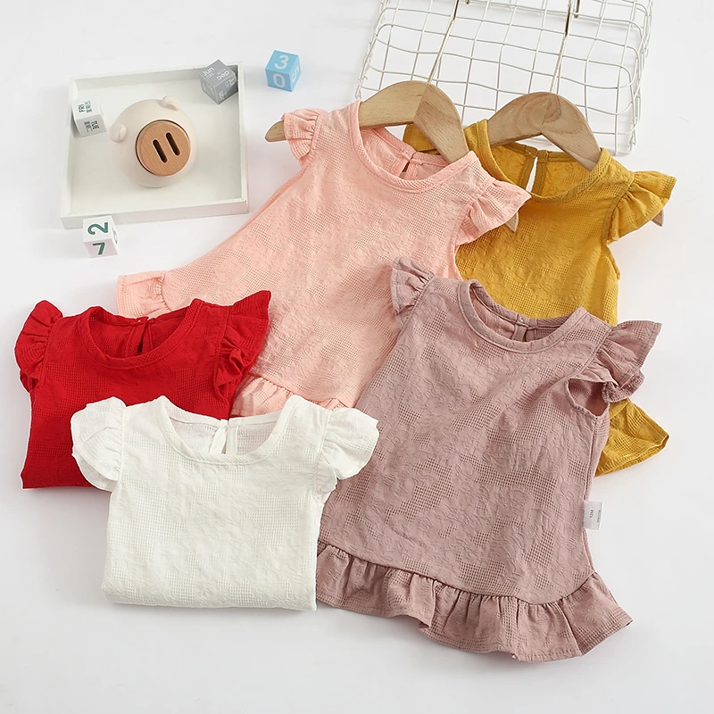 Ruffle Sleeve Lace Flowers Summer Kids Girl Blouses Tops Slub Cotton Baby Shirts for Children Clothing Girls Shirts Dress