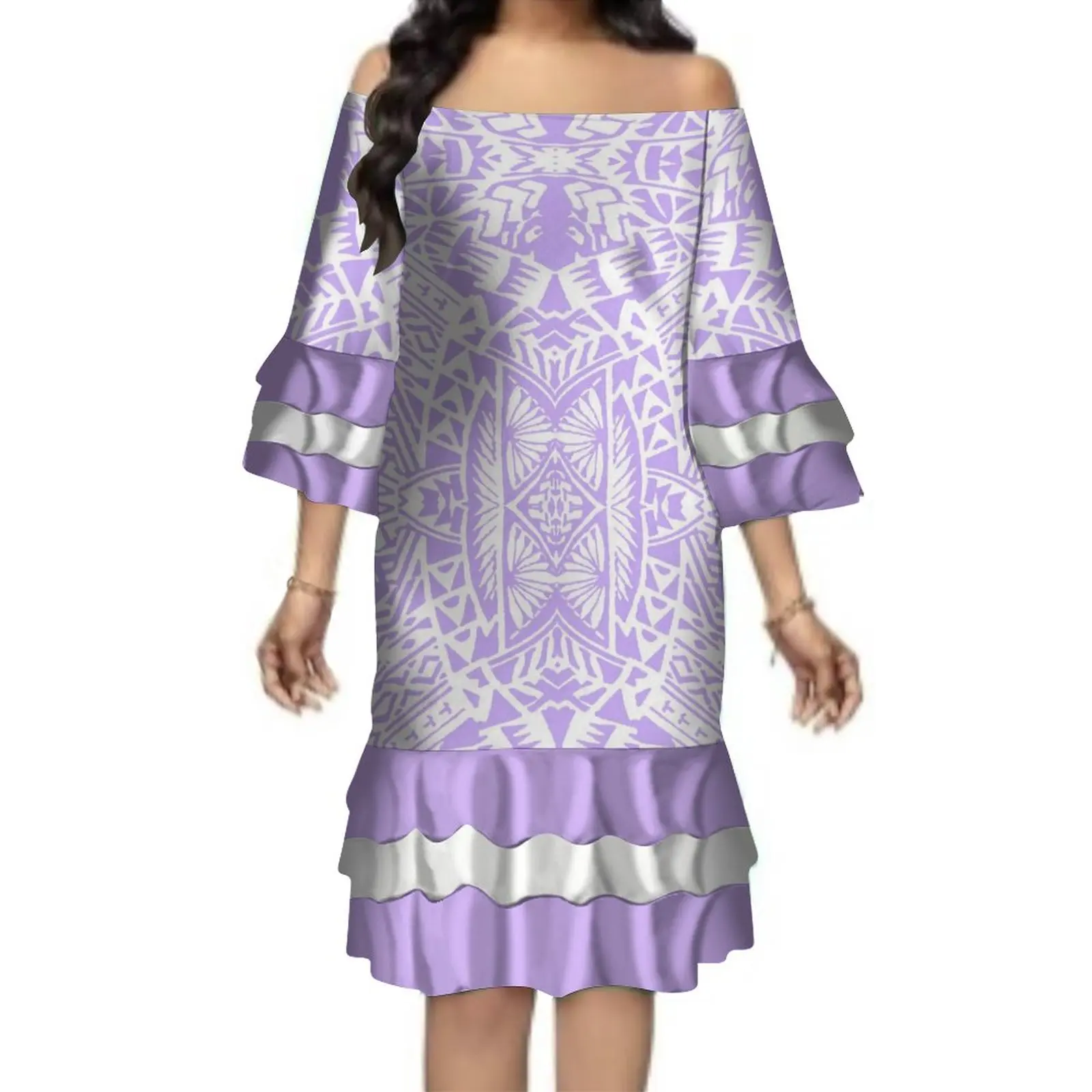 

Custom Ladies Pacific Island Art Large Size 8xl Off-The-Shoulder Dress Polynesian Tribe Design Half-Sleeve Multi-Layer Dress