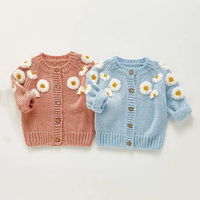 Autumn Newborn Girls Cardigan Sweater Coat Infant Girls Long Sleeve Daisy Flower Top Toddler Baby Girl Clothes Embroidered Coats baby girls sweater
