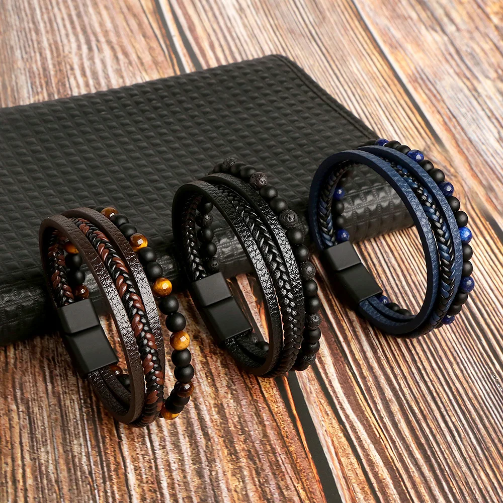 

New Men Jewelry Handmade Microfiber Woven Tiger Eye Natural Stone Alloy Bracelet Leather Beaded Bracelet BR1135