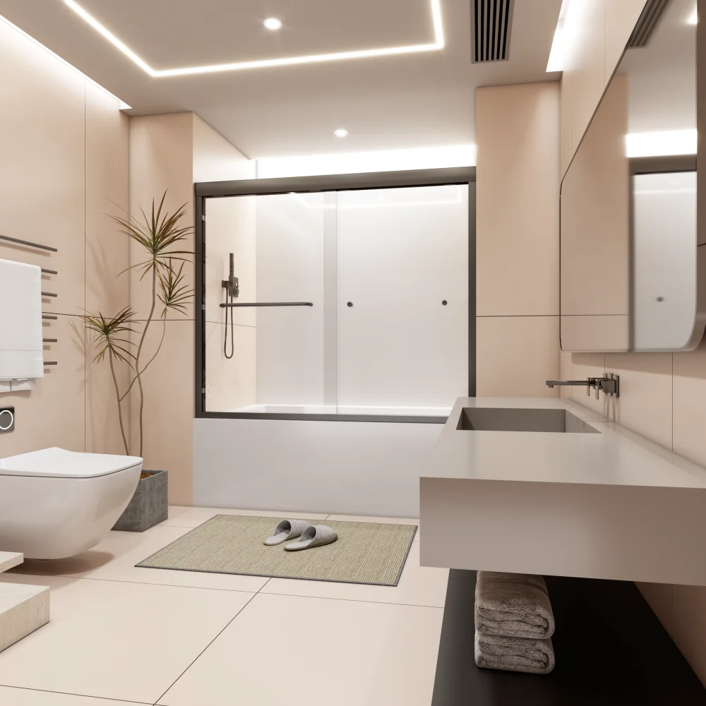 56 "-60" W *58 "H semi-frameless double sliding tub door, bypass tub shower, 1/4" (6mm) thick SGCC tempered glass door 2