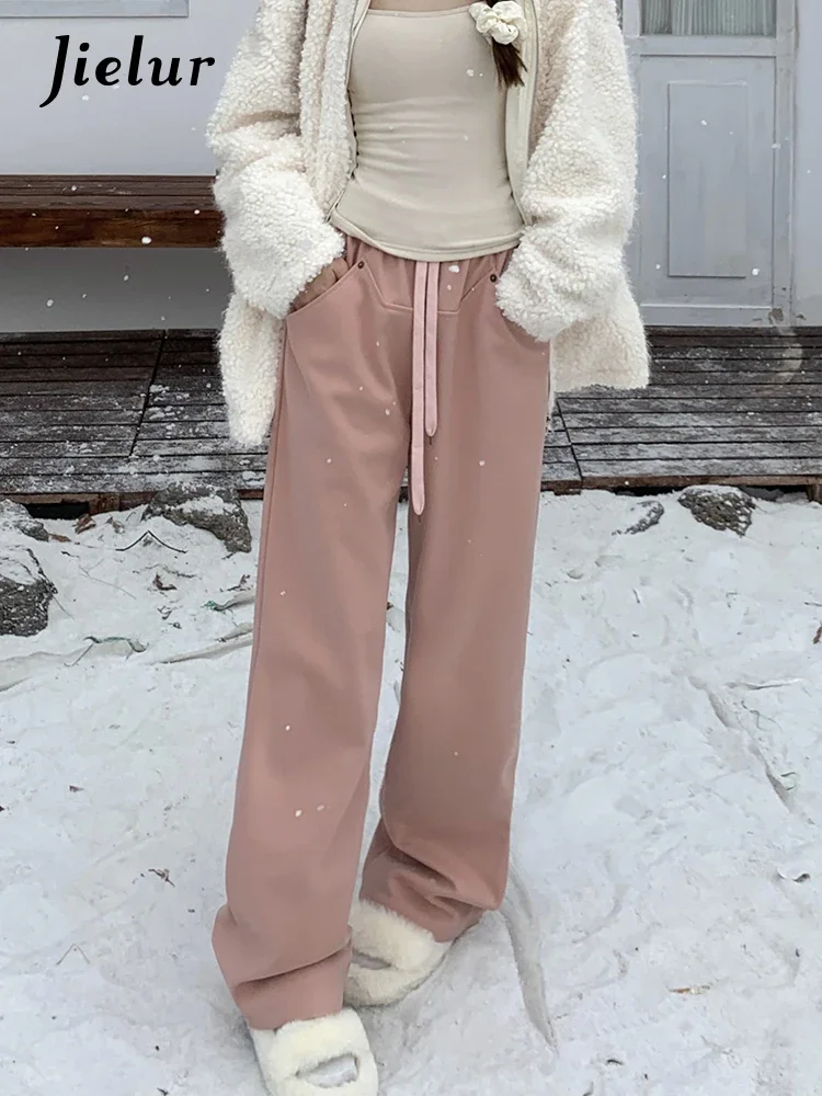 Jielur Spring New Casual Patchwork High Waisted Women's Wide Leg Pants Korean Fashion Versatile Straight Leg Women Pink Pants
