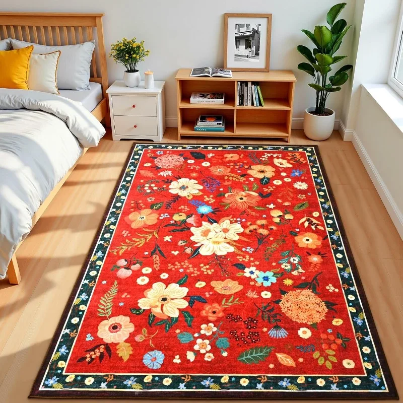 Carpet for Living Room Nordic Retro Floral Bedroom Rug Large Area Machine Washable Non-slip Coffee Table Sofa Floor Mat Tapis 러그