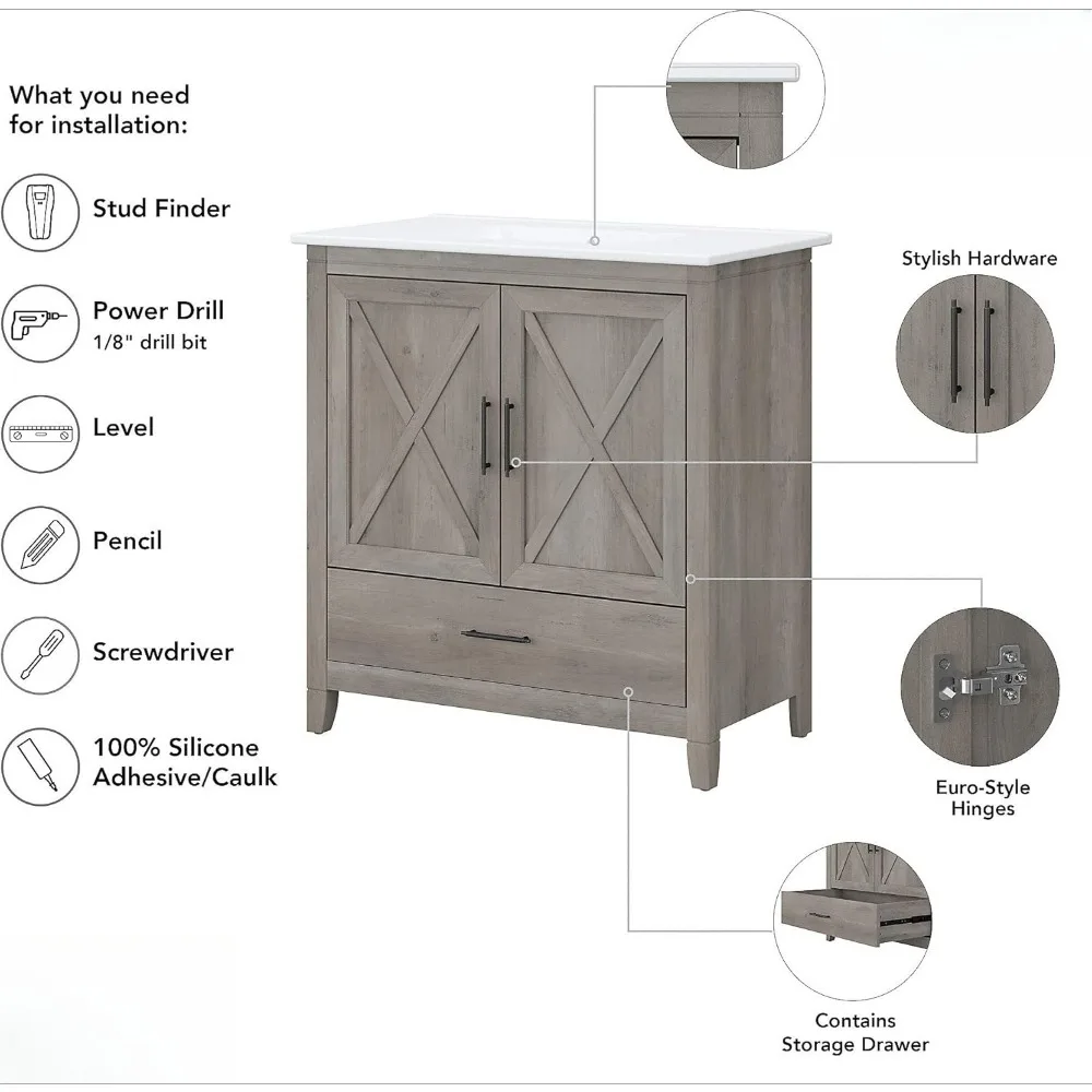 Bathroom Vanity with Sink in Driftwood Gray Bath Room Ceramic and Wood Storage Solution for Powder Room  bathroom sink cabinet 4