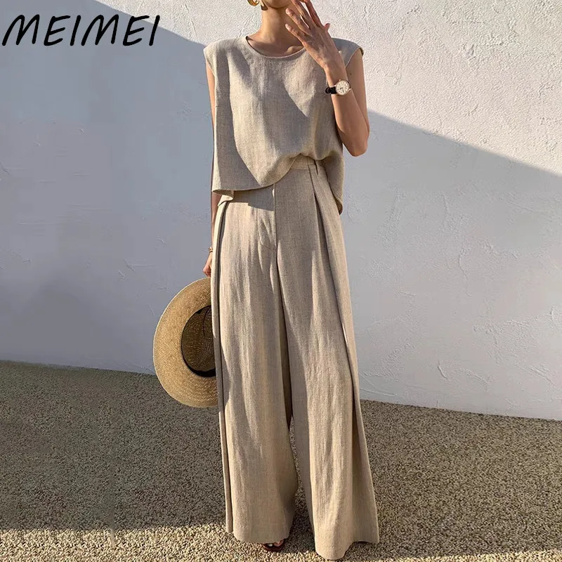 

2023 Summer Women Cotton Linen O-Neck Tank Top Wide Leg Pants Suits Casual Solid Color 2 Piece Set Outfits Retro Women Tracksuit
