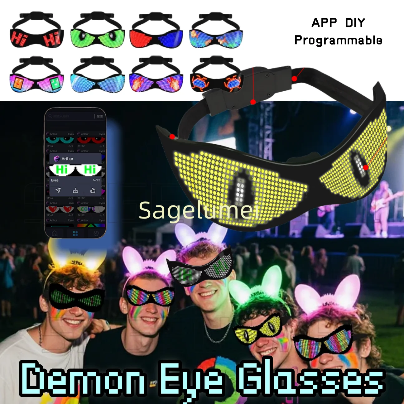 DIY RGB 데빌스 아이 LED 라이트 다이내믹 데몬 아이 글래스 앱 프로그래밍 가능 조명 파티 글래스 텍스트 발광 휴일용