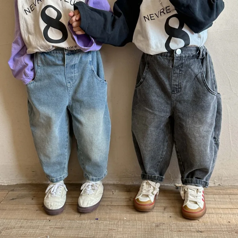 

2023 Autumn Kids jeans back big pockets loose jeans sibling clothes Boys and girls all-match casual denim pants