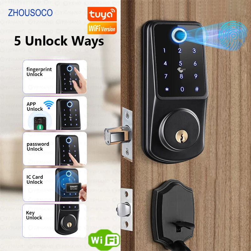 

Tuya Wifi APP Smart Door Lock Fingerprint Biometric Digital Password Card Code Keyless Entry Electronic Lock for Home Apartment