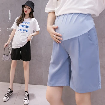 Summer Pregnant Women Ice Silk Loose Wide-legged Pants Solid Color High Waist Straight Trousers Maternity Knee Shorts Wholesale
