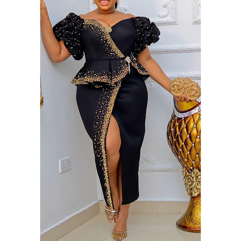 

Plus Size Formal Dress Black Puff Sleeve Split Midi Dress