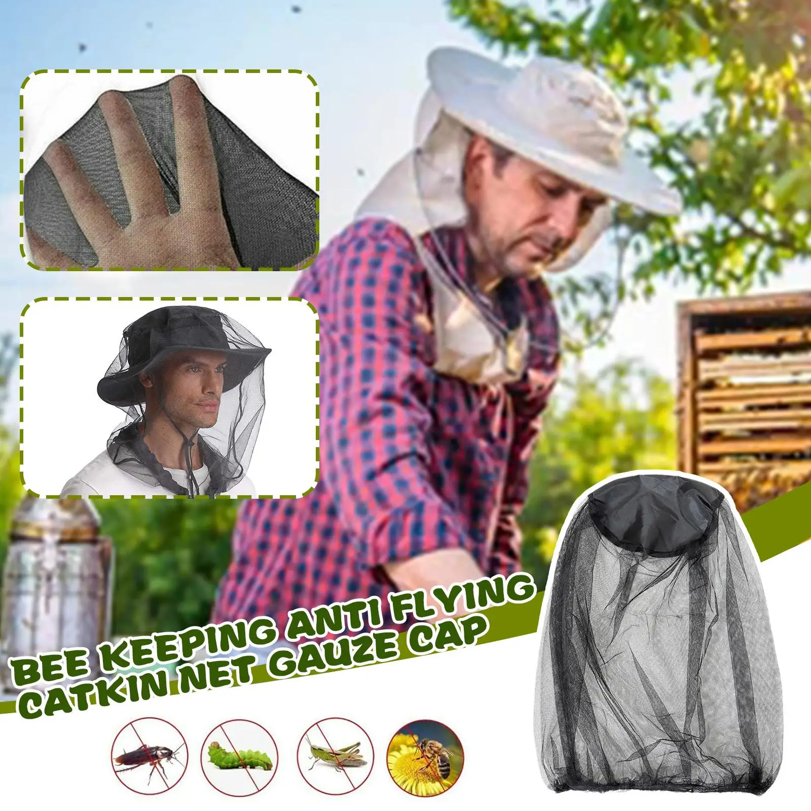 New 1pcs Bee Keeping Anti Flying Catkin Net Gauze Cap 70D Mesh Protector Hood Camp Fishing Catkin Insect Mesh Nylon Hat Net