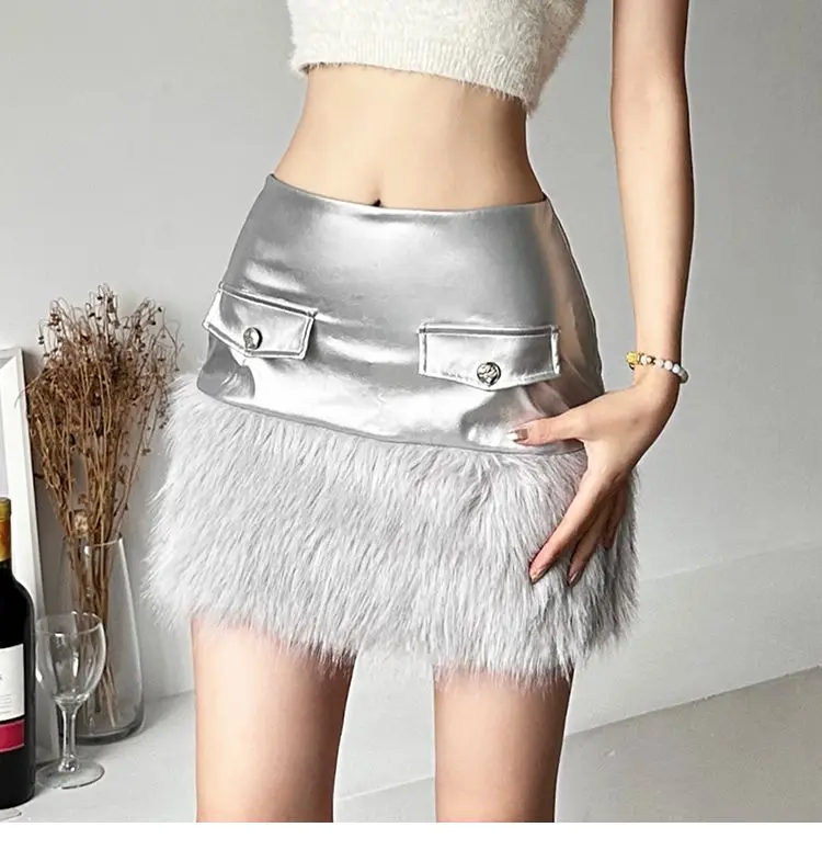 

Furry Short Skirt Fashionable Silver Retro All-Match Sexy Hot High Street Cool Mature Beautiful Women'S Autumn Short Skirt