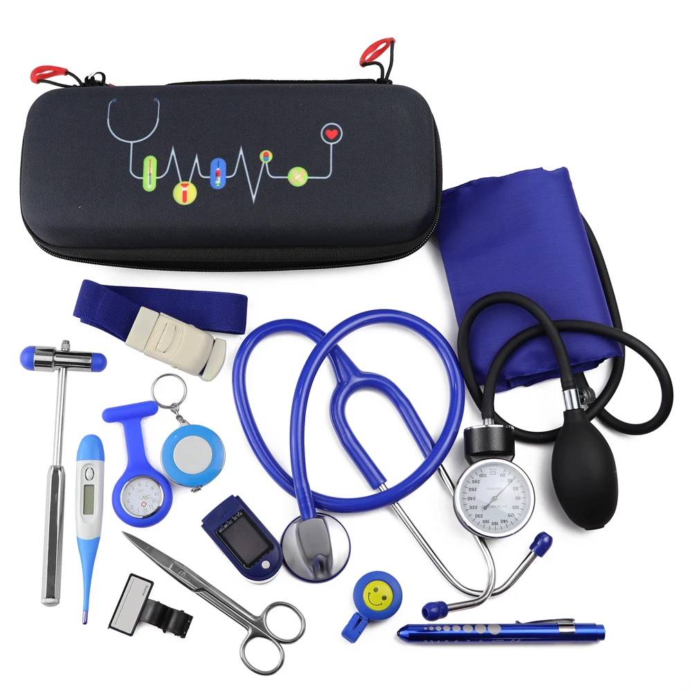 Blue Storage Medical Kit Health Monitor Bag Pouch with Stethoscope BP Manometer Reflex Hammer First Aid Tourniquet Penlight Set