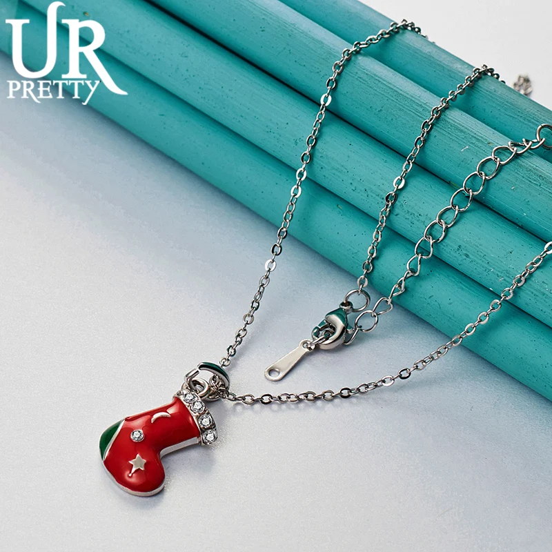 

URPRETTY 925 Sterling Silver Mini Christmas Stocking Pendant Necklace 16/18/20/22/24/26/28/30 Inch For Woman Wedding Jewelry