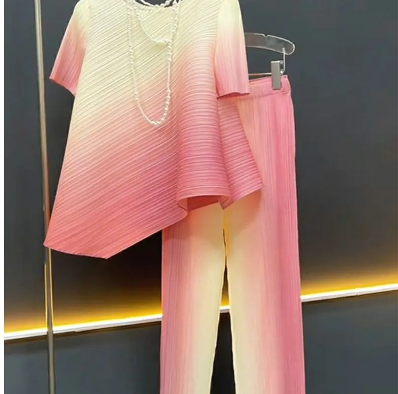 Fashion Gradient Set Women's Irregular Short Sleeve Top High Waist Straight Tube Pants  Pleated Two Piece Set