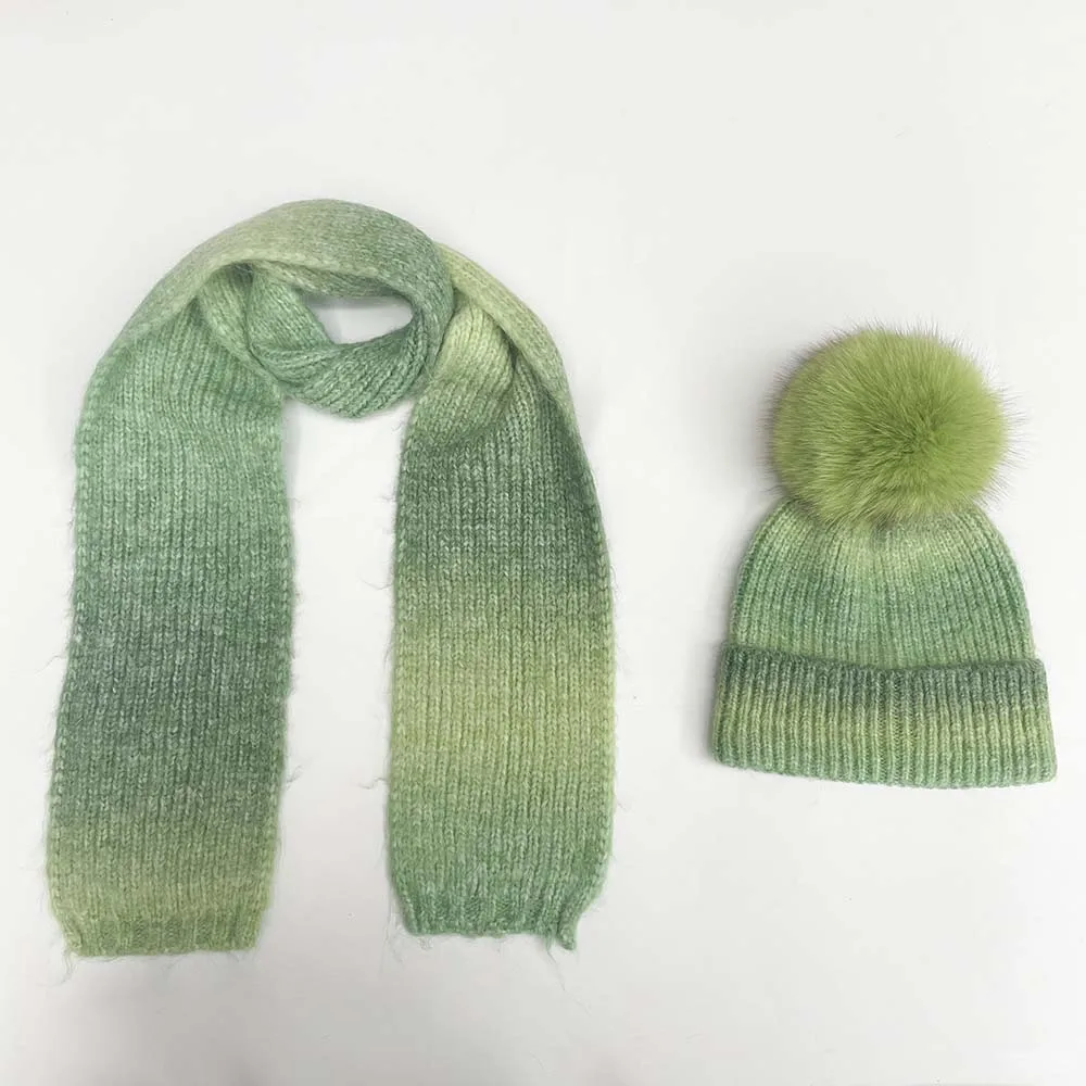 JANEFUR-Kids Beanie Hat Scarf Gradient Warm Wool Hat Real Fur Pom Pom for Children Girls Boys Fashion