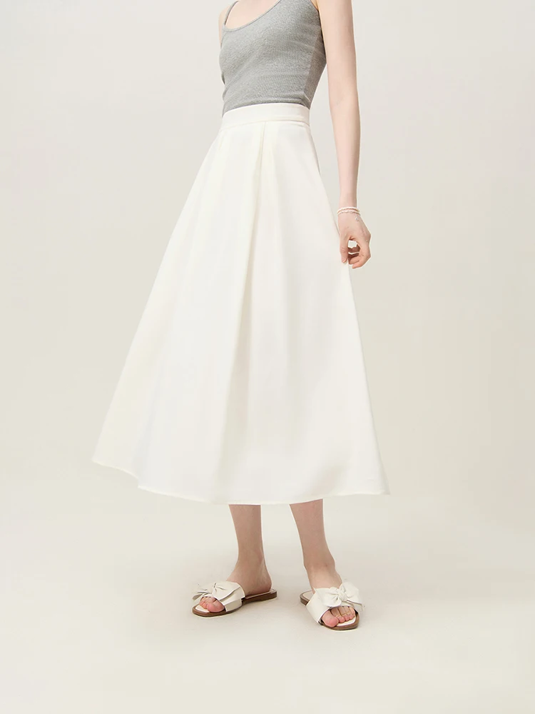 FSLE French White A-line Skirt For Women's Summer 2024 New Temperament Umbrella Skirt High Waisted Satin Long Skirt 24FS12238 spring and autumn set women s 2023 korean version new fashion suit vest temperament half skirt two piece set for women