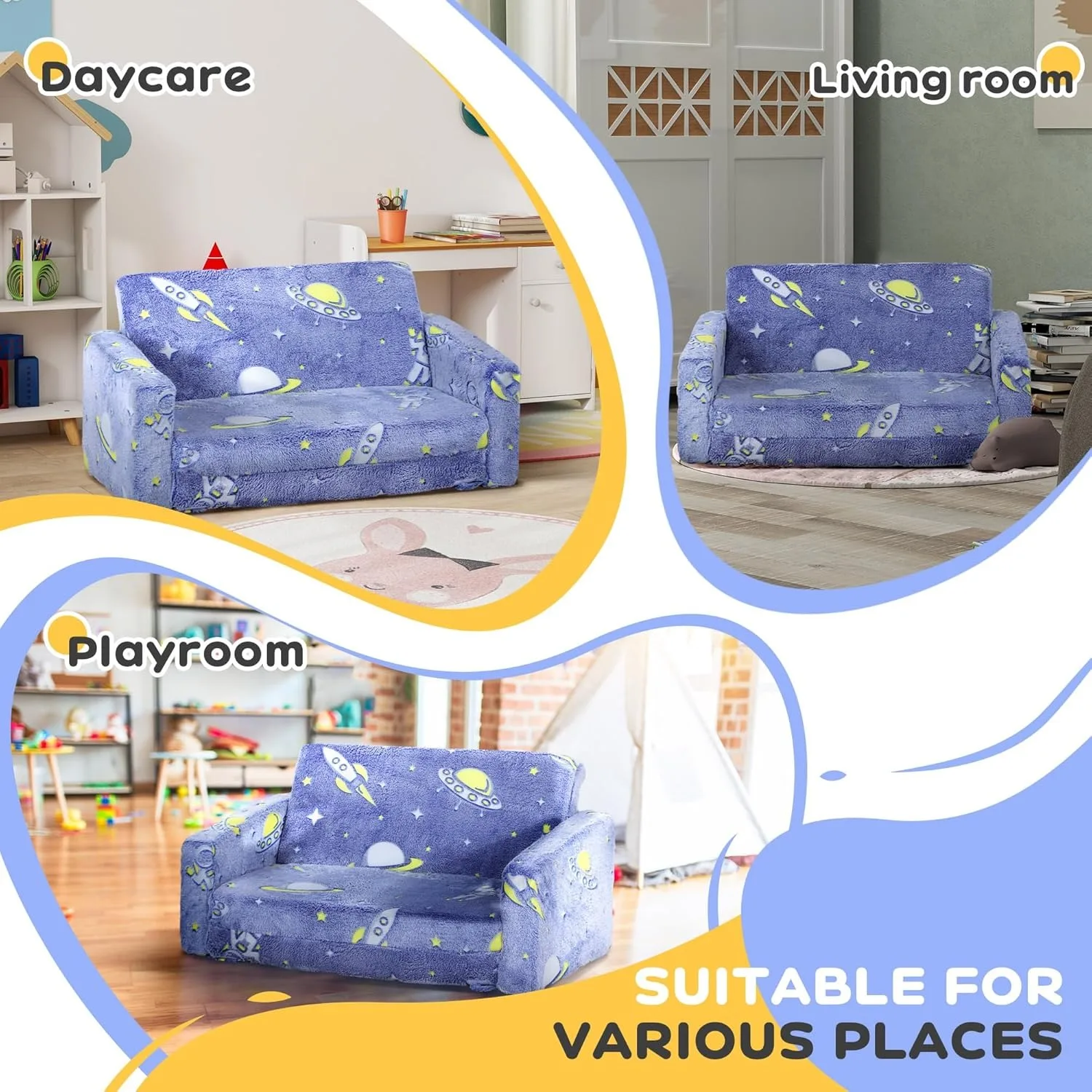 2 in 1 Kids Sofa Chair, Toddler Couch with Glow in The Dark Cosmic Patten, Washable Cover 6