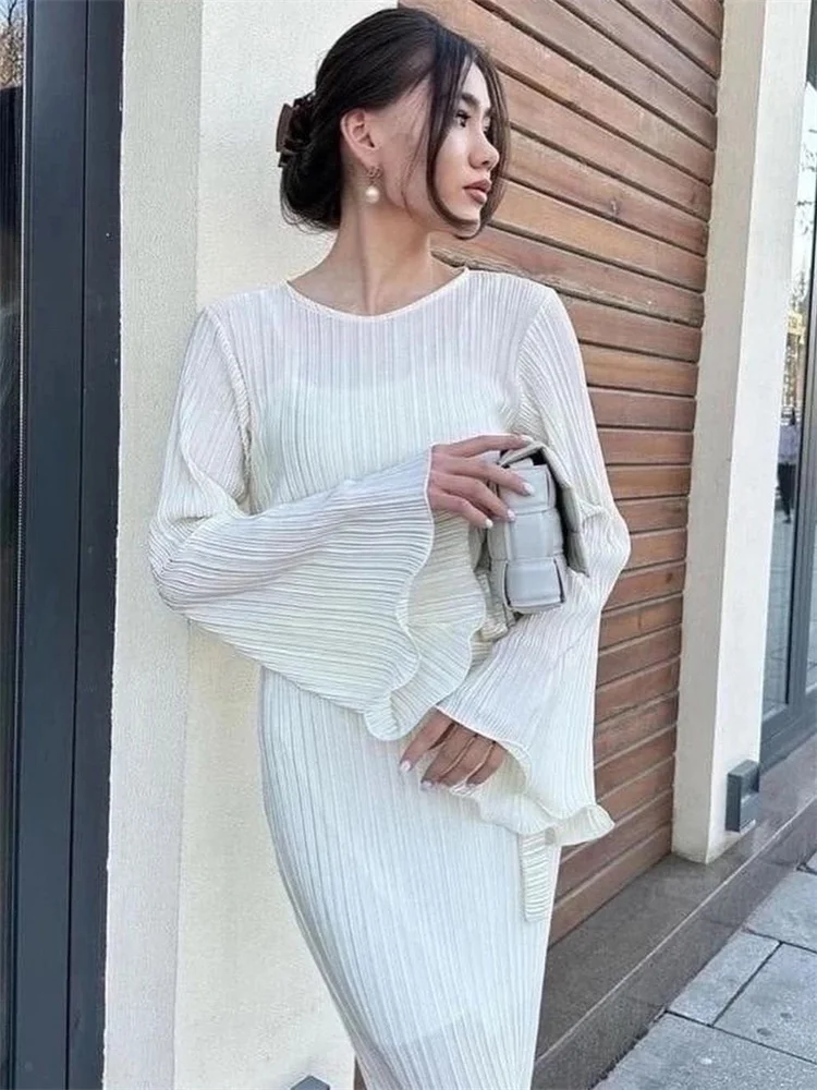 Vestido largo acanalado con volantes y cordones para mujer, manga larga, cintura alta, elegante, para fiesta, otoño, estilo vendaje