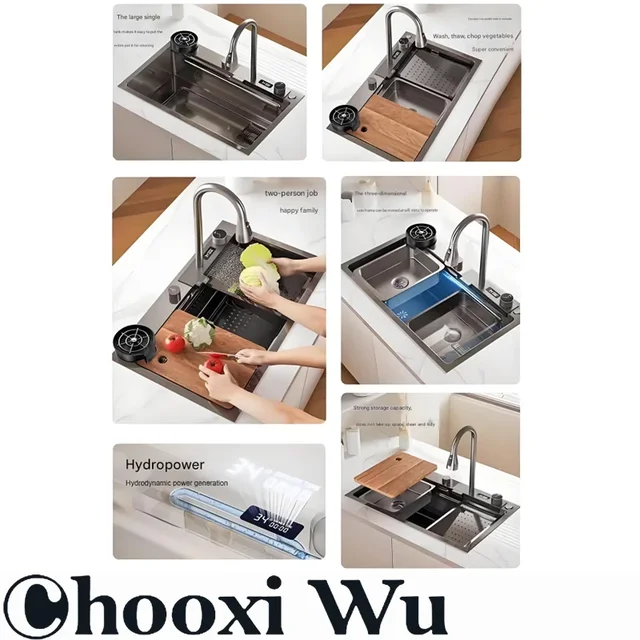 CHOOXIWU-อ่างล้างจานชามสแตนเลสเดี่ยวขนาดใหญ่พร้อมก๊อกน้ำ-จอแสดงผลดิจิตอลน้ำตกฝนตกระบบ5ฟังก์ชั่นอ่างล้างจาน 4