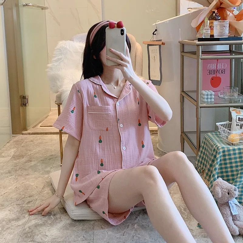 

Women Cotton Cartoon Pajamas Spring Autunm New Lady Loose Casual Homewear Female Short Sleeve And Shorts Nightwear Sleepwear