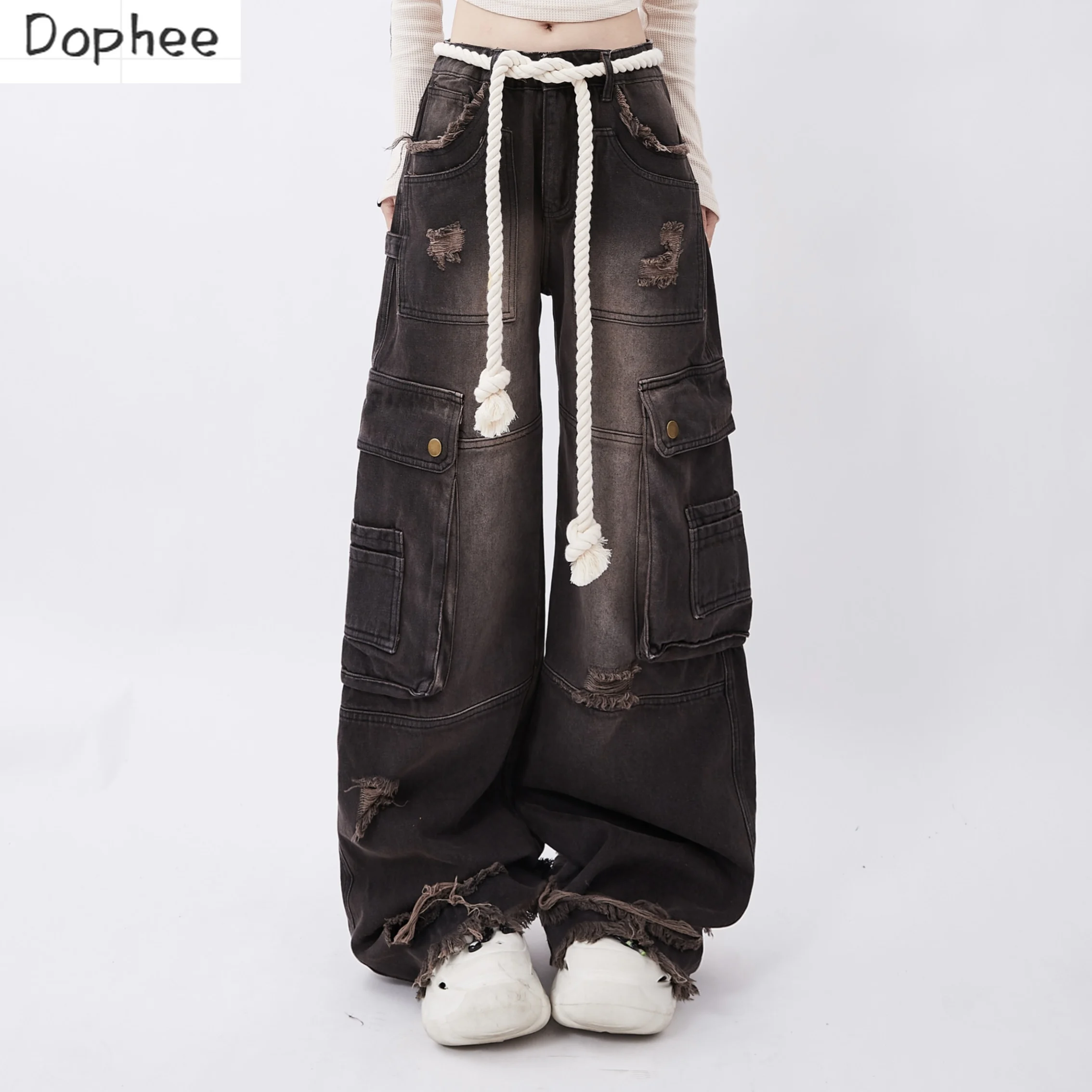 dophee-new-autumn-women-denim-trousers-retro-washing-dopamine-loose-wide-leg-jeans-multi-pockets-floor-length-denim-pants