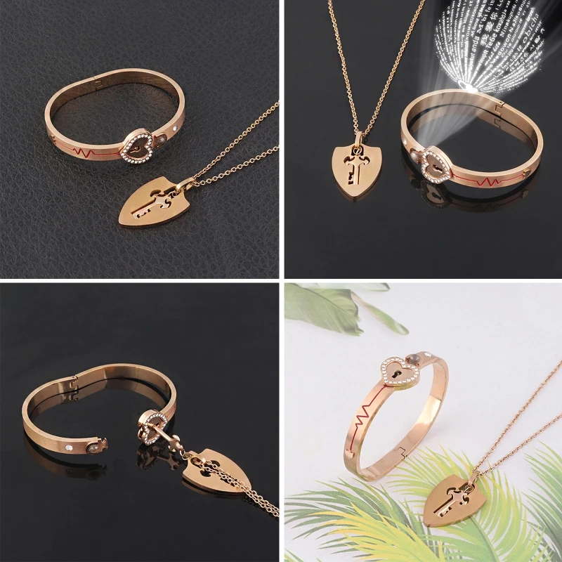 Heart Lock Bangle & Key Necklace - Zirconia heart / Rose Gold