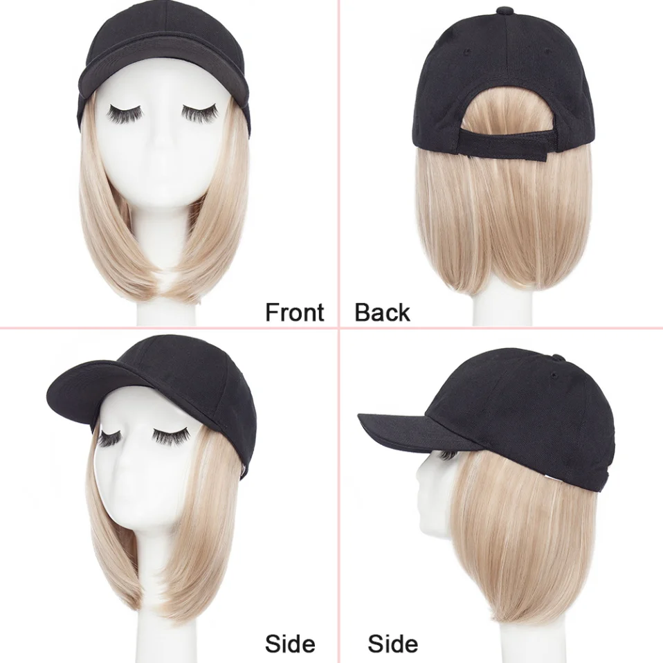 Women's Baseball Cap with 6'' Synthetic Hair Extensions - Adjustable Short Straight Hairpiece Wig Hat