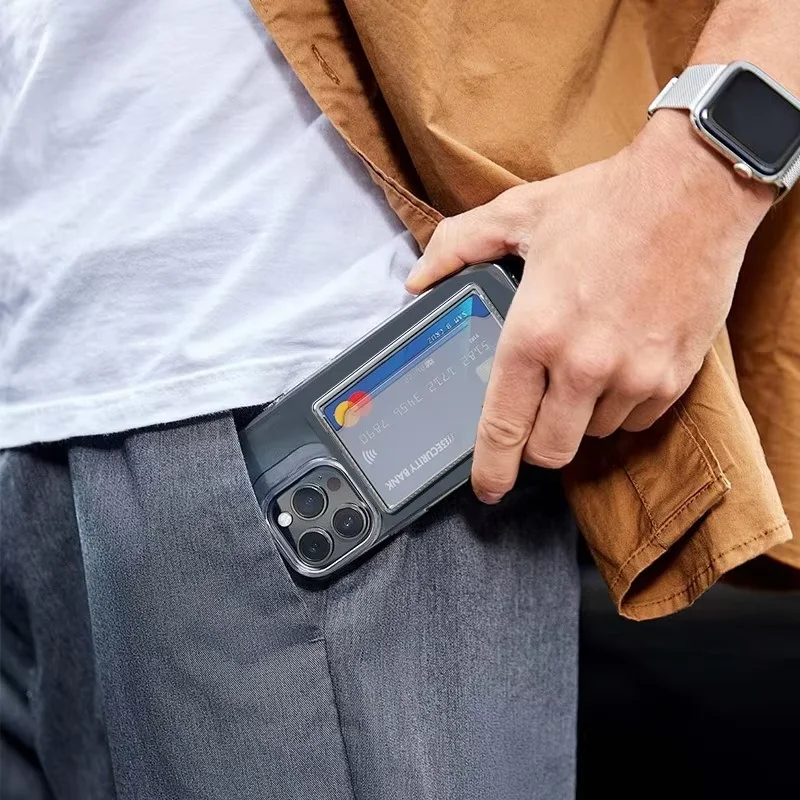Transparent Magnetic Phone Case with Adhesive Card Holder and Strong Magnetic Card Sleeve