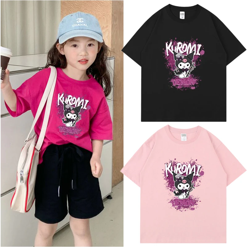 

Sanrios Anime Figure Kuromi Children Clothing Tops Half Sleeves T-shirt Cartoon Sweet Cute Printing Girls Short Sleeve