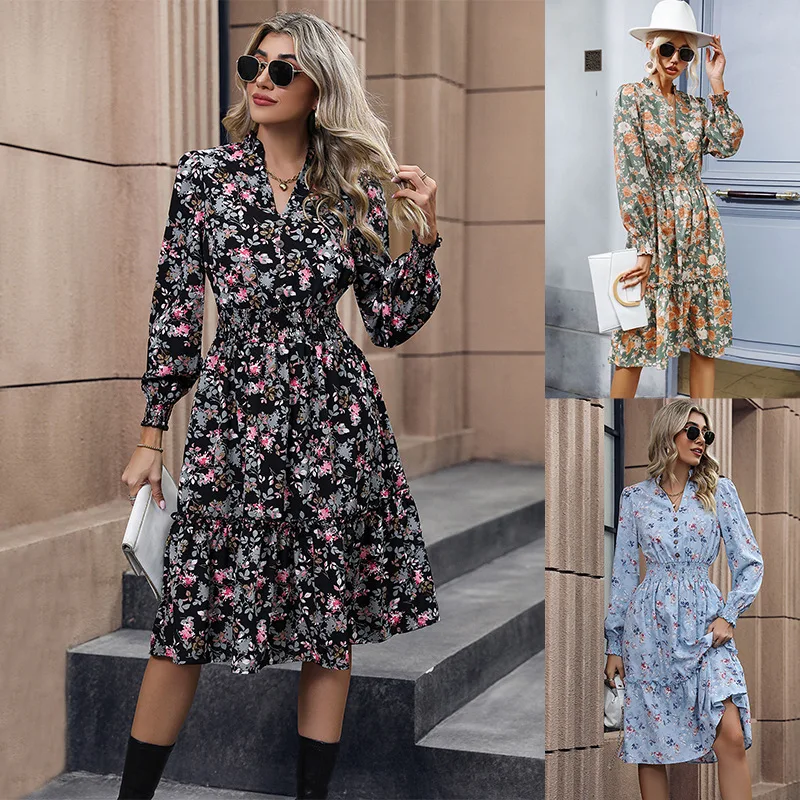 

Spring Women Long-sleeved Dress Fashion Streetware Trend V-neck Waisted A-line Dress Elegant Floral Pullover Knee-length Dresses