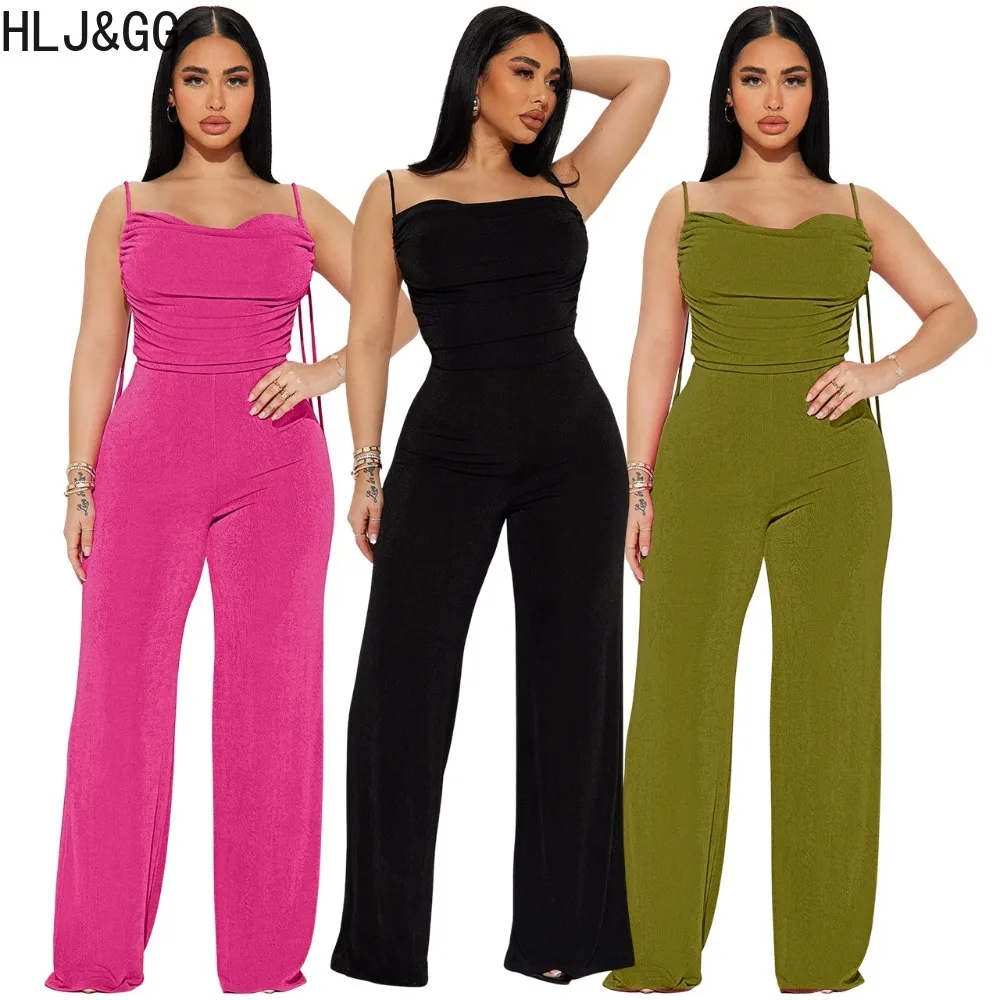 

HLJ&GG Casual Solid Color Ruched Bandage Suspenders Jumpsuits Women Sleeveless Backless Wide Leg Pants One Piece Playsuits 2024