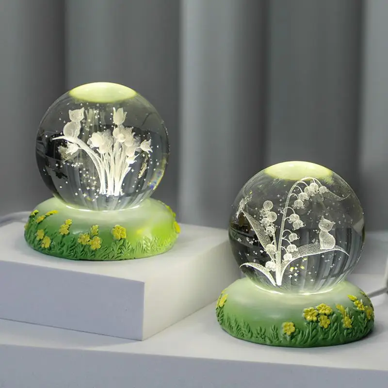 

3D Хрустальный шар, ночник, искусственные розы, цветы, лампа, Хрустальный подарок на день рождения, стеклянная сфера, украшение для дома с основанием
