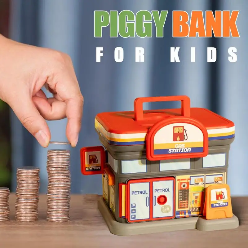 Gas Station Piggy Bank Handle Cartoon Piggy Bank Kids DIY Large Capacity Coffee Store Cartoon Money Saving Box Management Toys 2