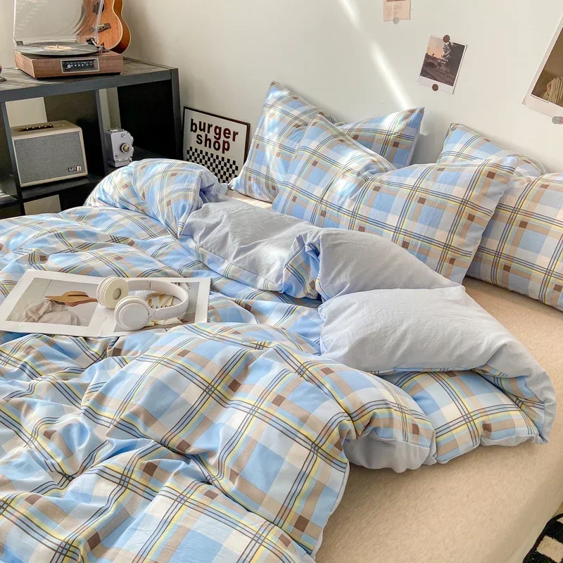 Japanese Style Check Queen Quilt Cover Set 1/3 Pcs Soft Washed Duvet Cover and Pillowcase or Only Duvet Covers Skin-friendly