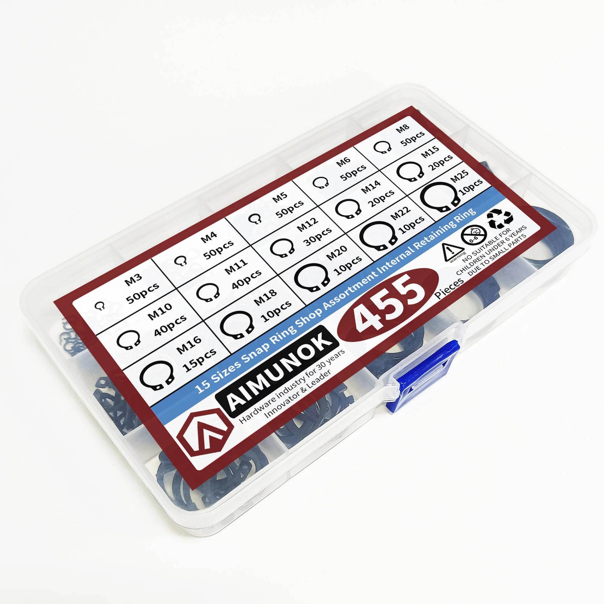 Circlip Externo, Retenção Clip Anéis Set, 15 Tamanhos, 455Pcs