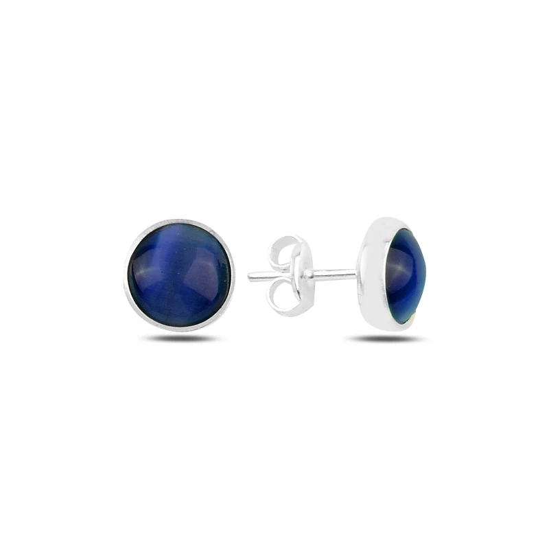 

Silver 925 Sterling Round Blue Cat 'S Eye Earrings