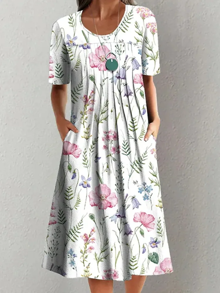 Summer Short Sleeve Floral Printing Vintage Dresses For Women 2023 Female Clothing Loose Beach Elegant Large Swing Midi Dress