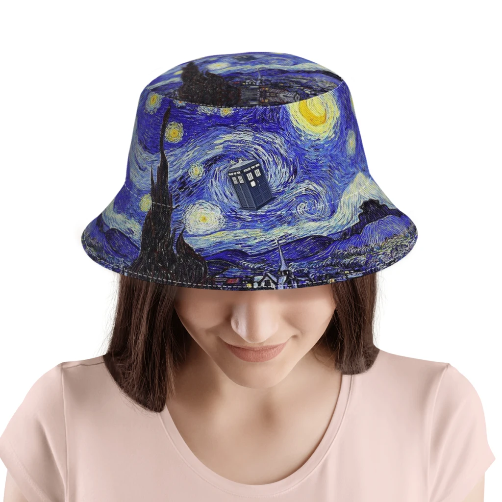 Van Gogh Mountain Inspiration With Tardis Cappelli Da Pescatore In Poliestere Unisex Full Printed Panama Fisherman Cap Outdoor Sun Hat