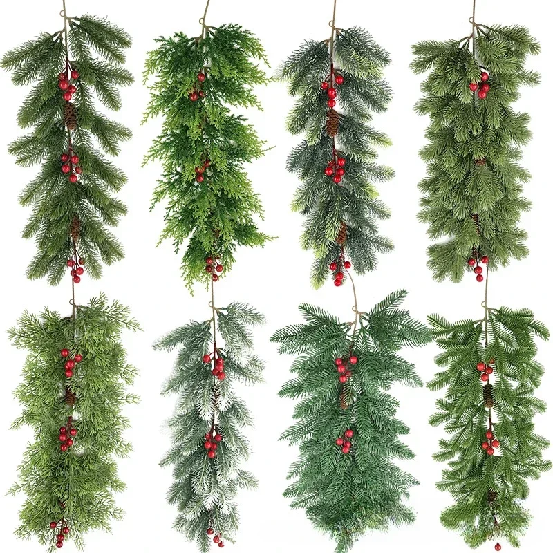 

New Christmas Wreaths for Front Door Green Garland Rattan Pine Needles Christmas Decorations for Stair Windows Mantle