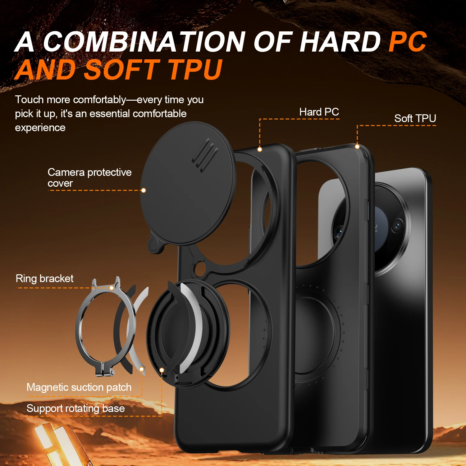 Sliding Camera Lens Protection Phone Case with Metal Ring Stand