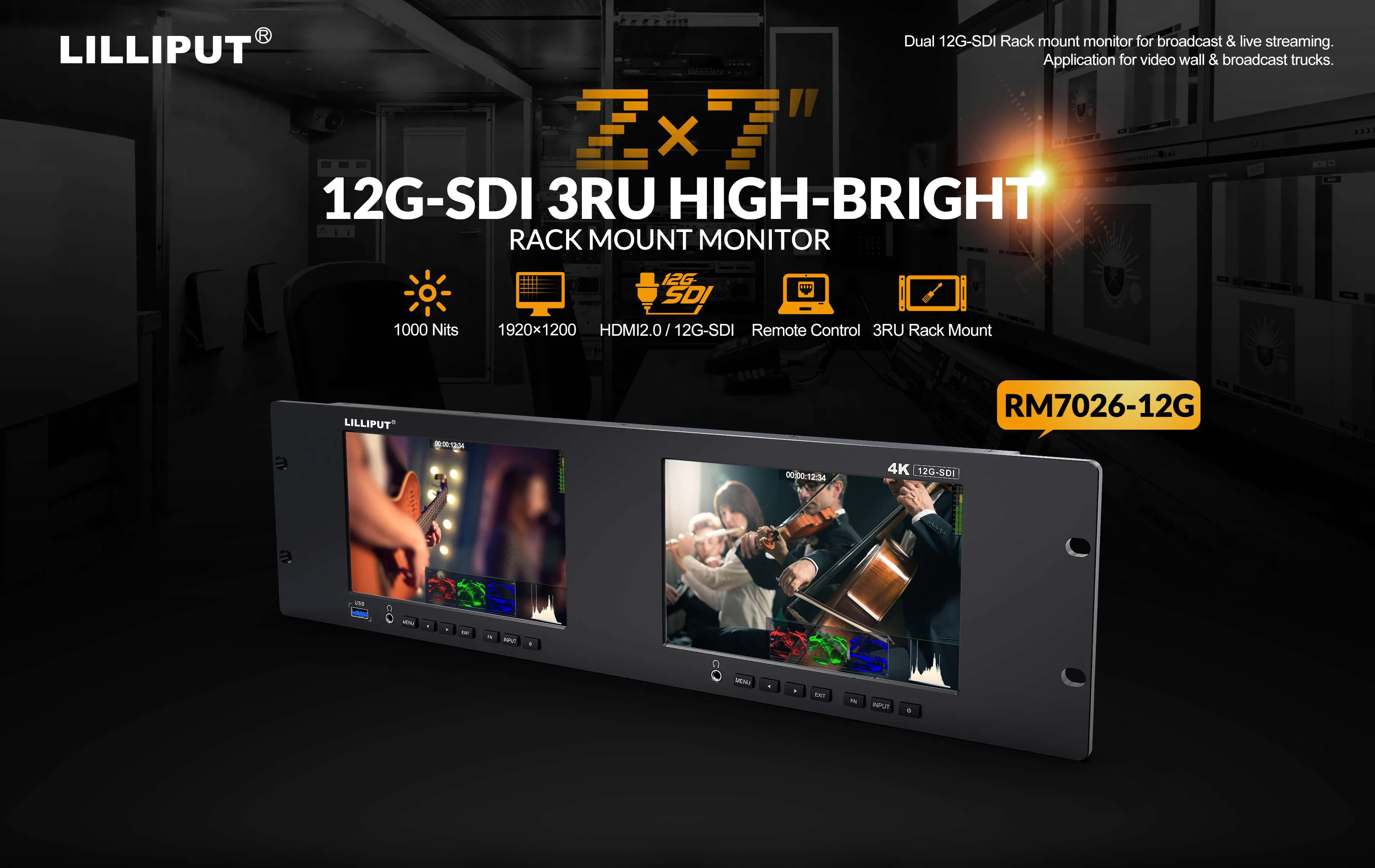 RM7026-12G Rackmount Monitor Dual 7-Inch 3RU 12G-SDI 4K 60Hz 1000 Nits HDR Broad