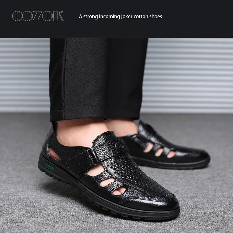 Men's Leather Shoes Sandals Breathable Hollow Mens Soft Sole Toe Cap Hole Leather Sandals Men Shoes