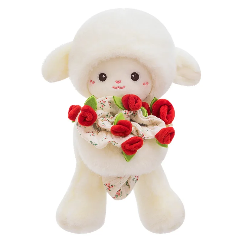Rose Bouquet Sheep Doll with Hand Magnetic Soft Animal Plush Small Anime Hugging Lamb Doll Birthday Girls Valentine Gift