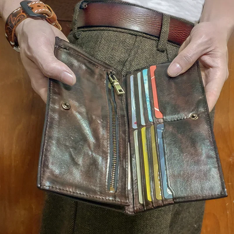 Vintage Wallet Top Layer Cowhide Vegetable Tanned Leather Handmade Old Fold Long Wallet Men's Multi Card Wallet Handheld Bag 4