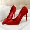 Women Elegant Flock Orange Purple Evening Banquet Party Pumps Lady Classic Scarpin New Burgundy 9cm High Heels Shoes Plus Size 4