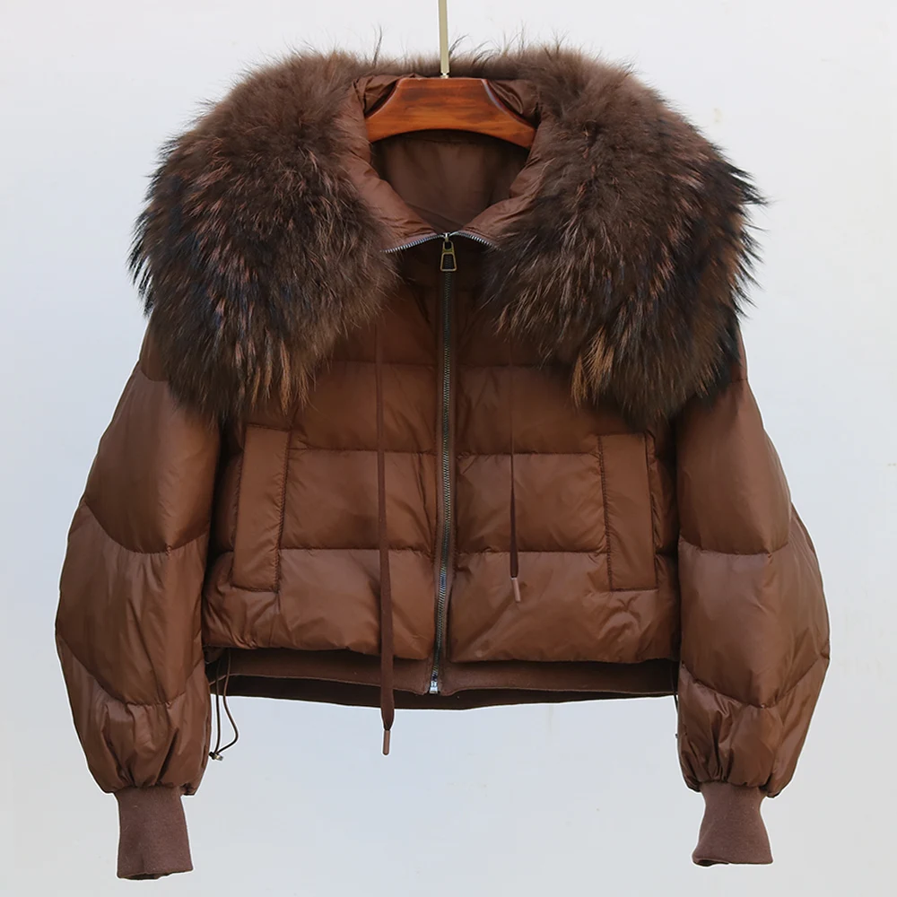 

Winter Female 2023 Puffer Jacket Women Hooded Loose Long Sleeve Warm Casual White Duck Down Coat Big Real Raccoon Fur