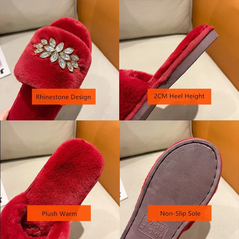 Fur Slippers Women Fashion Winter Fur Slides for Woman Rhinestone Sandals Fluffy Female Shoes Home Indoor Diamond Shoes