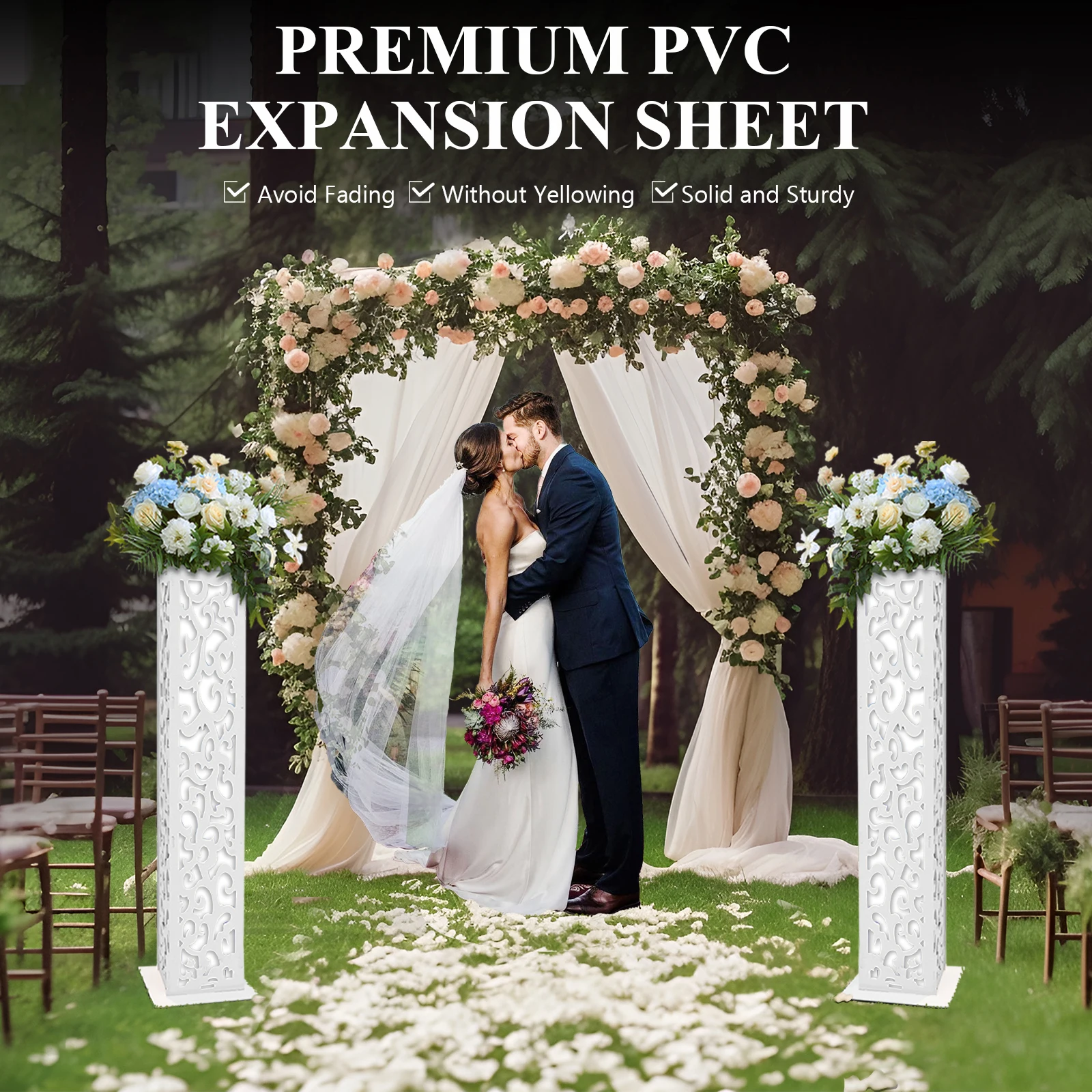 8-Piece Wedding Flower Columns PVC Hollow-Out Flower Satnd with LED Lights Decorative Cloud Pattern for Party Birthday Decor