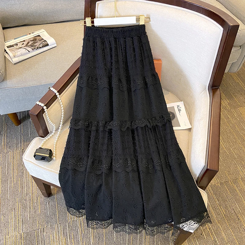 

ZJYT Women's Hollow Out Embroidery Long Skirts Summer Fashion Korean Style Elastic Waist Black Party Skirt Casual Faldas Holiday